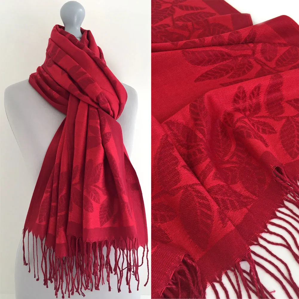 LARGE RED LEAF PRINT REVERSIBLE PASHMINA SHAWL SCARF