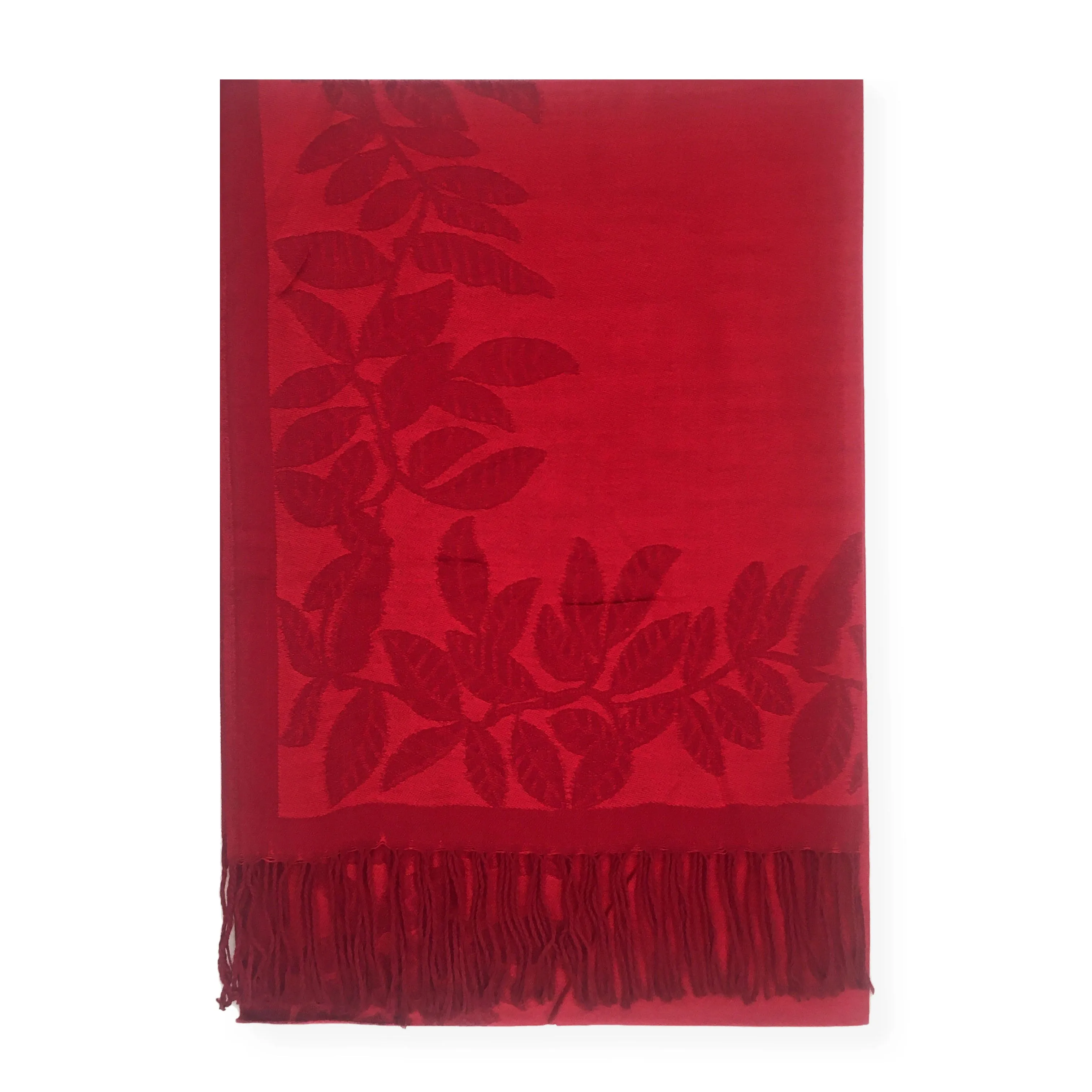 LARGE RED LEAF PRINT REVERSIBLE PASHMINA SHAWL SCARF