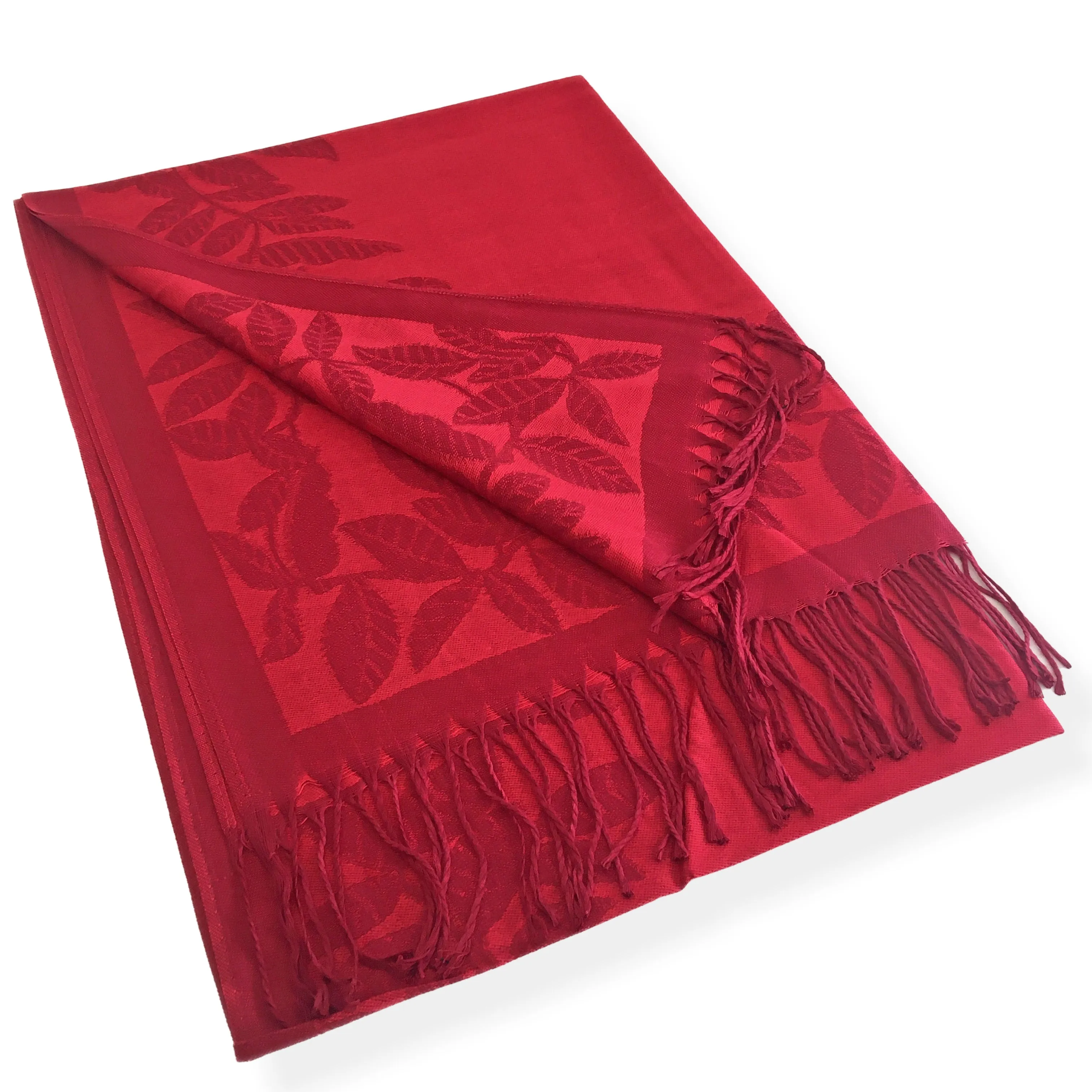 LARGE RED LEAF PRINT REVERSIBLE PASHMINA SHAWL SCARF