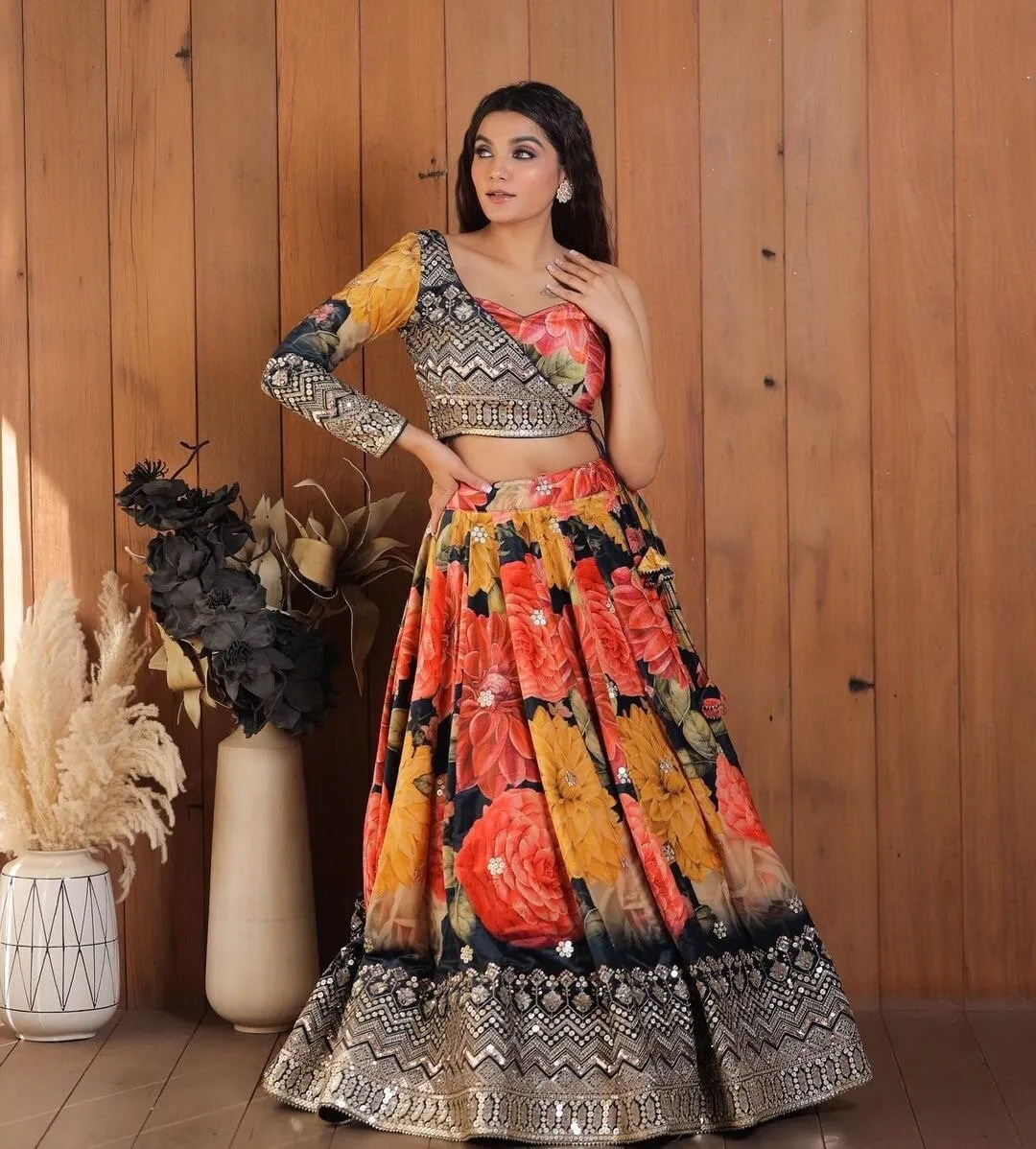 Latest Floral Print with Sequence Embroidered Lehenga Choli with dupatta, Partywear / Bridal Lehenga Set with Jacket Bridesmaid Dresses