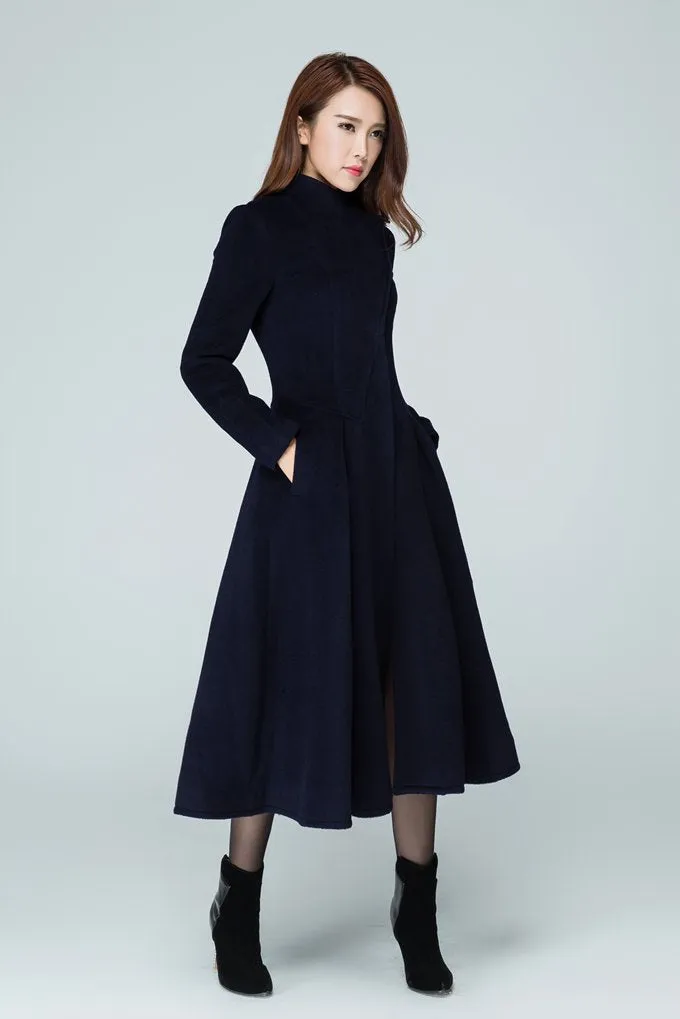 Long trench coat, navy coat, womens coats, swing coat 1605#