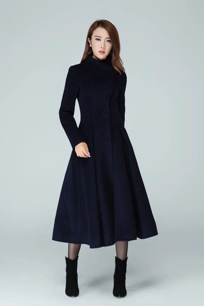 Long trench coat, navy coat, womens coats, swing coat 1605#