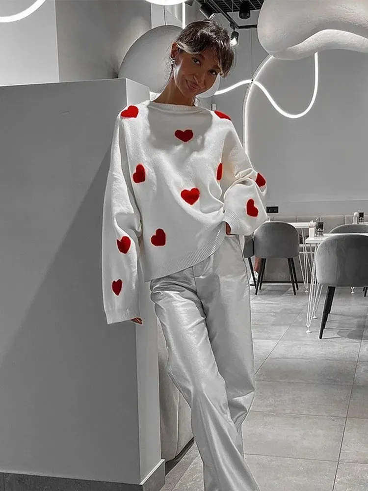 Love Heart O Neck Knit Sweater For Women Embroidery Fashion Long Sleeve Pullover Sweaters Female