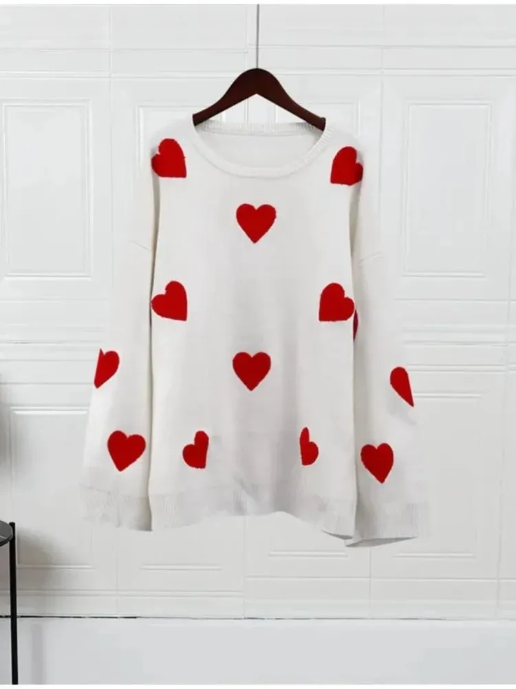 Love Heart O Neck Knit Sweater For Women Embroidery Fashion Long Sleeve Pullover Sweaters Female