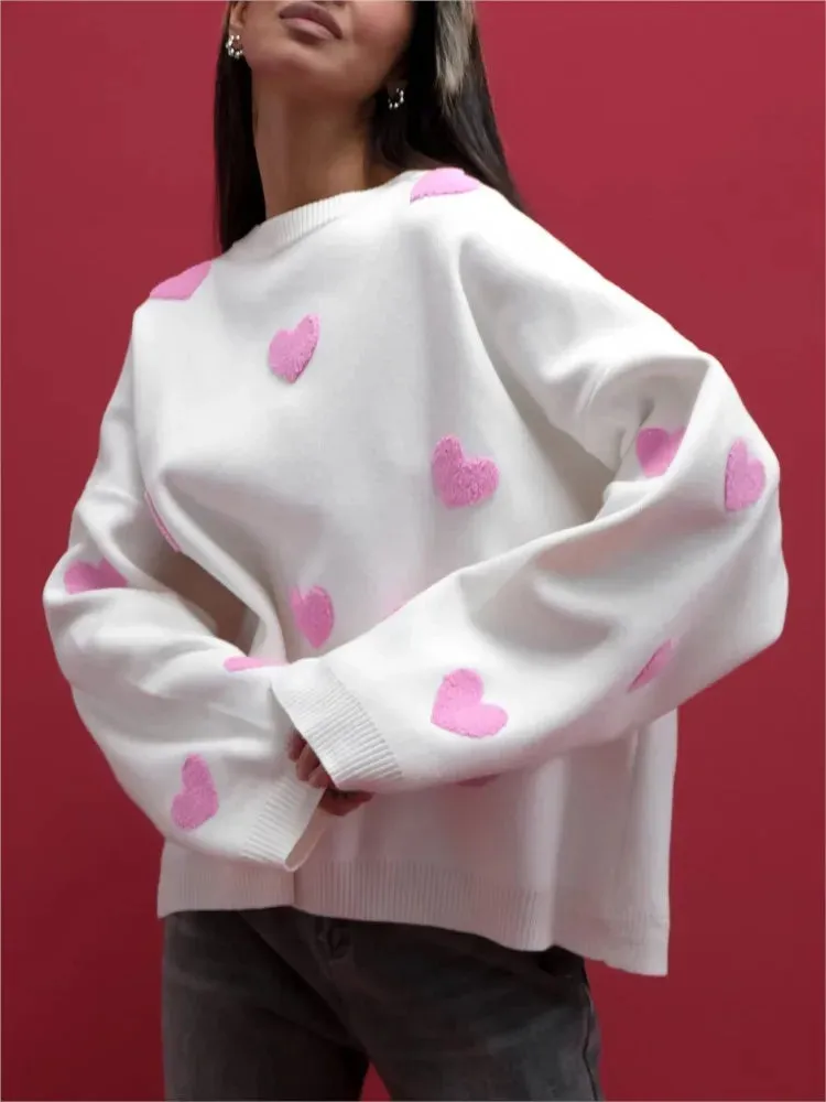 Love Heart O Neck Knit Sweater For Women Embroidery Fashion Long Sleeve Pullover Sweaters Female