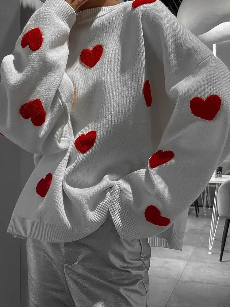 Love Heart O Neck Knit Sweater For Women Embroidery Fashion Long Sleeve Pullover Sweaters Female