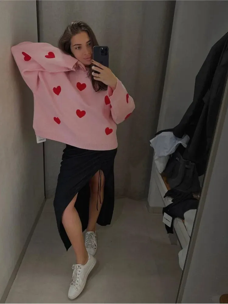 Love Heart O Neck Knit Sweater For Women Embroidery Fashion Long Sleeve Pullover Sweaters Female