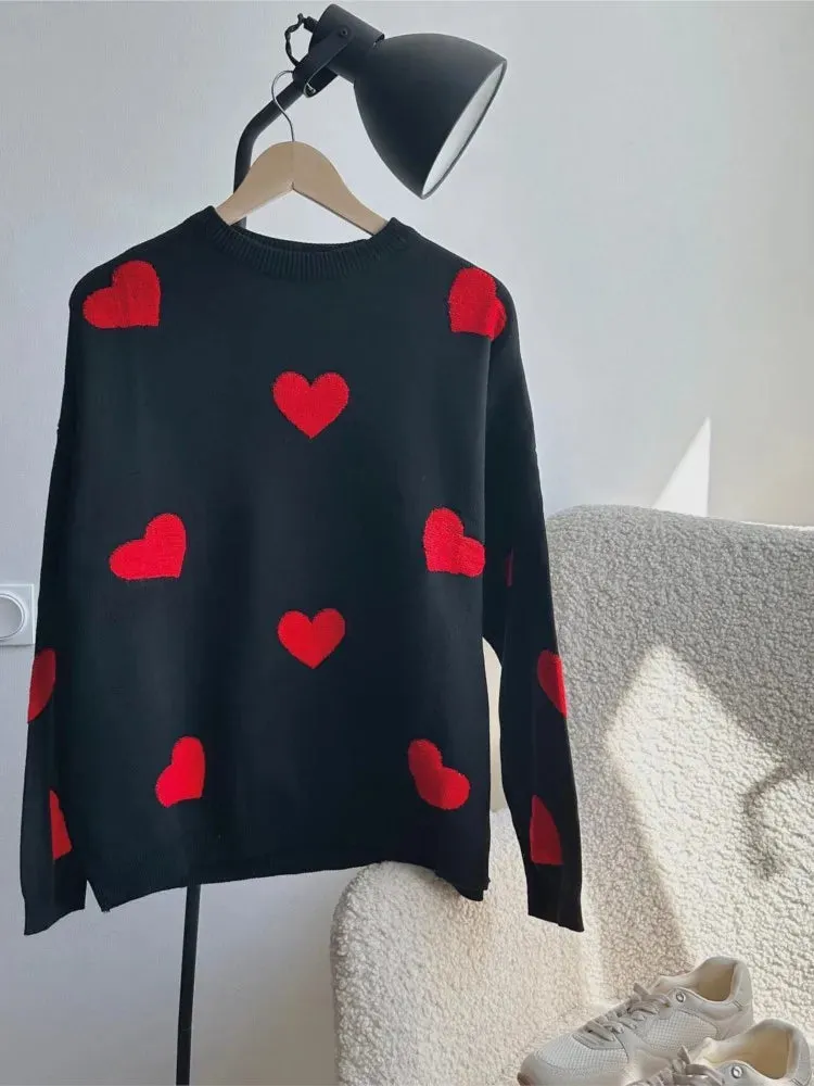 Love Heart O Neck Knit Sweater For Women Embroidery Fashion Long Sleeve Pullover Sweaters Female