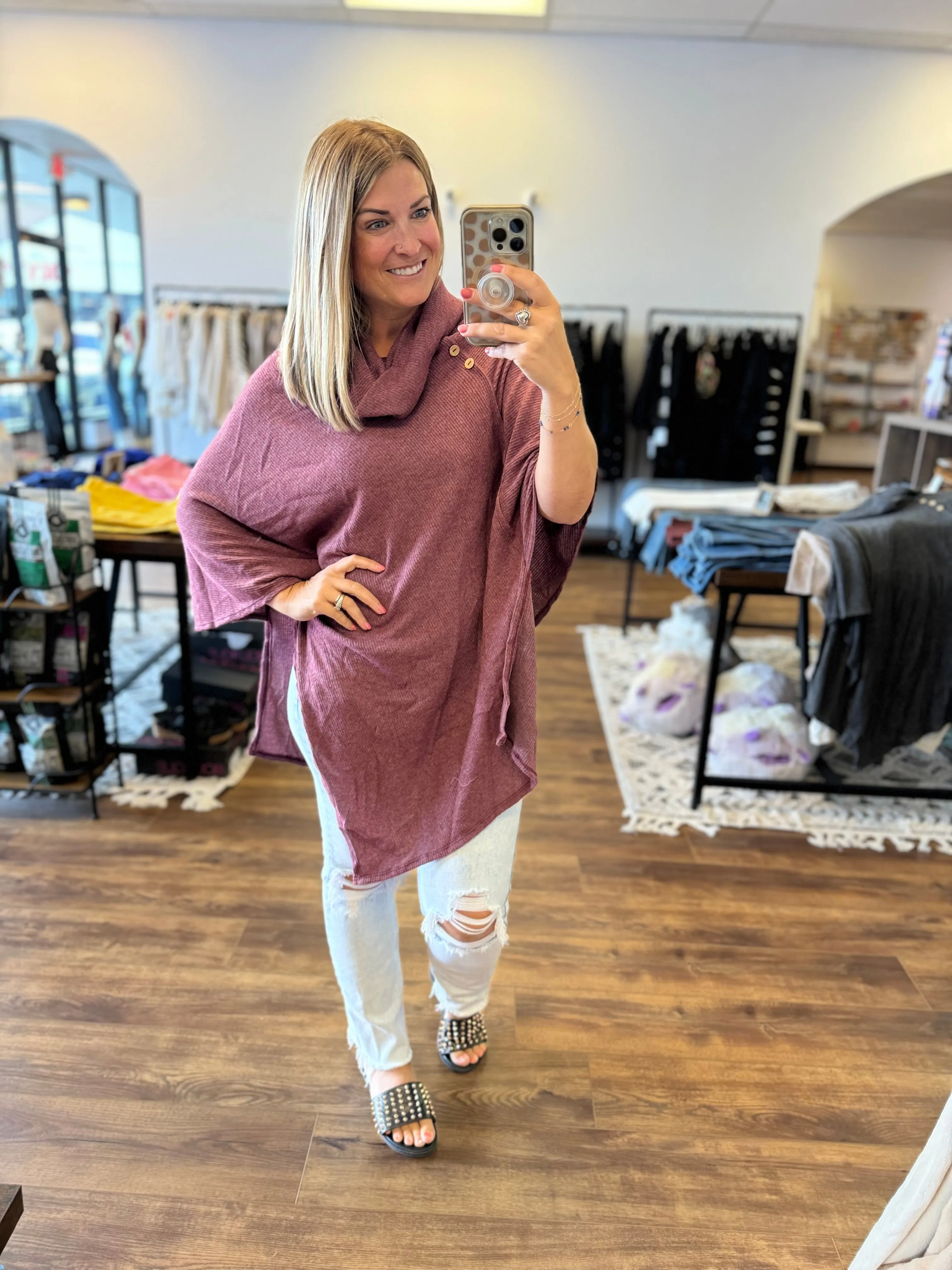 Madi - Asymmetrical Cowl Neck Poncho - Wine