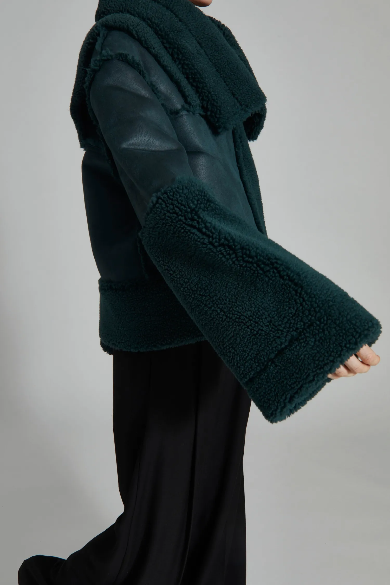 Marlise Shearling Moto Coat, Bottle Green