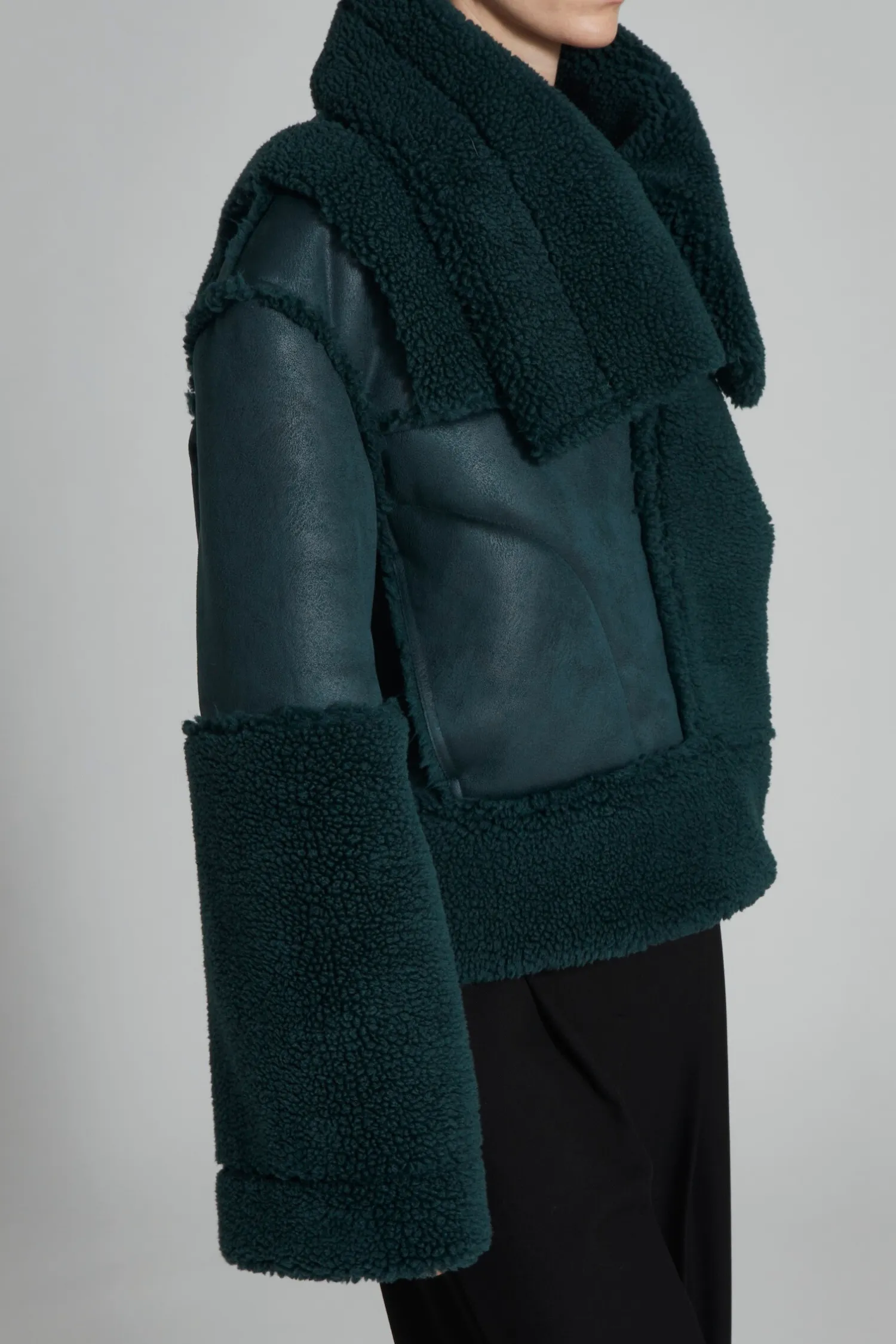 Marlise Shearling Moto Coat, Bottle Green