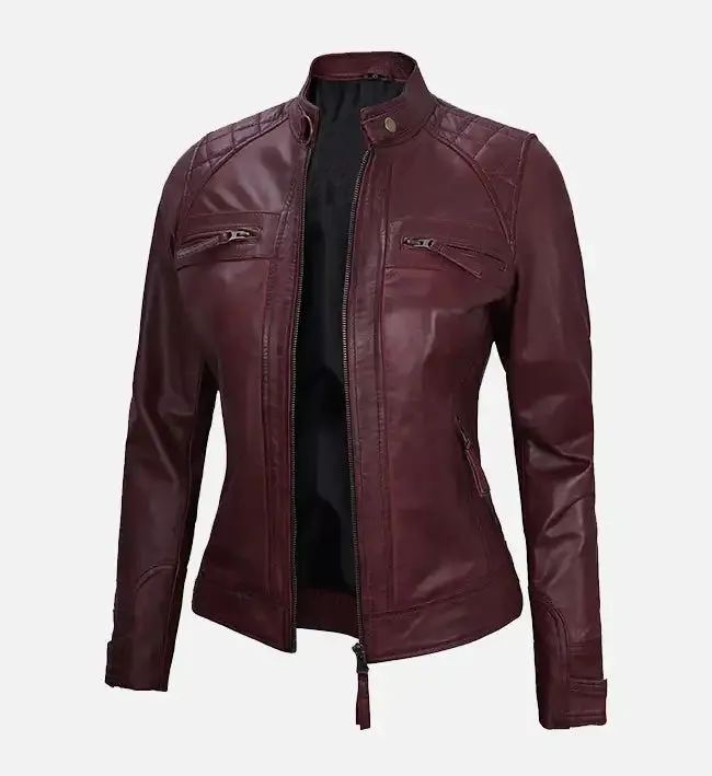 Maroon Women's Real Leather Motorcycle Jacket