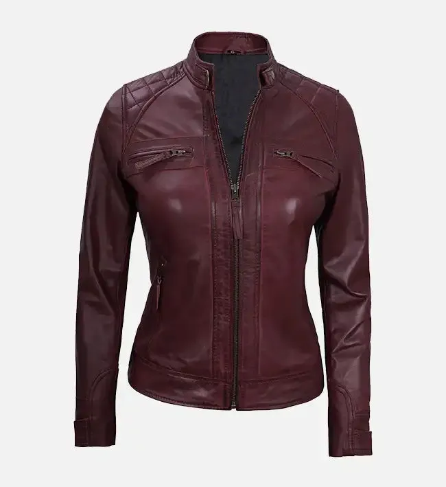 Maroon Women's Real Leather Motorcycle Jacket