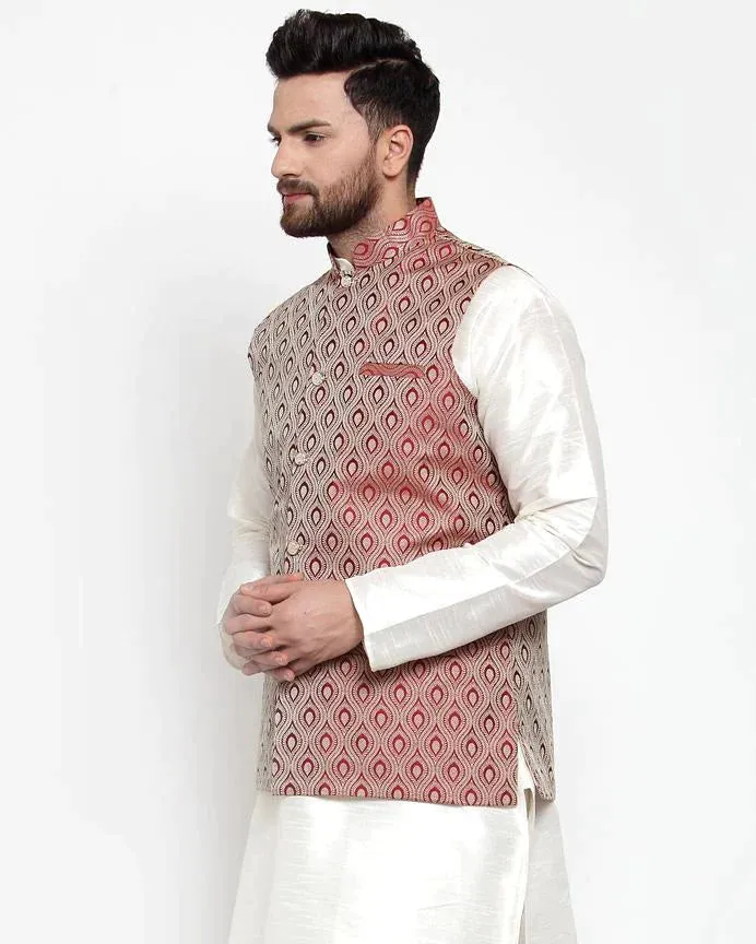 Men Maroon Woven Design Nehru Jacket