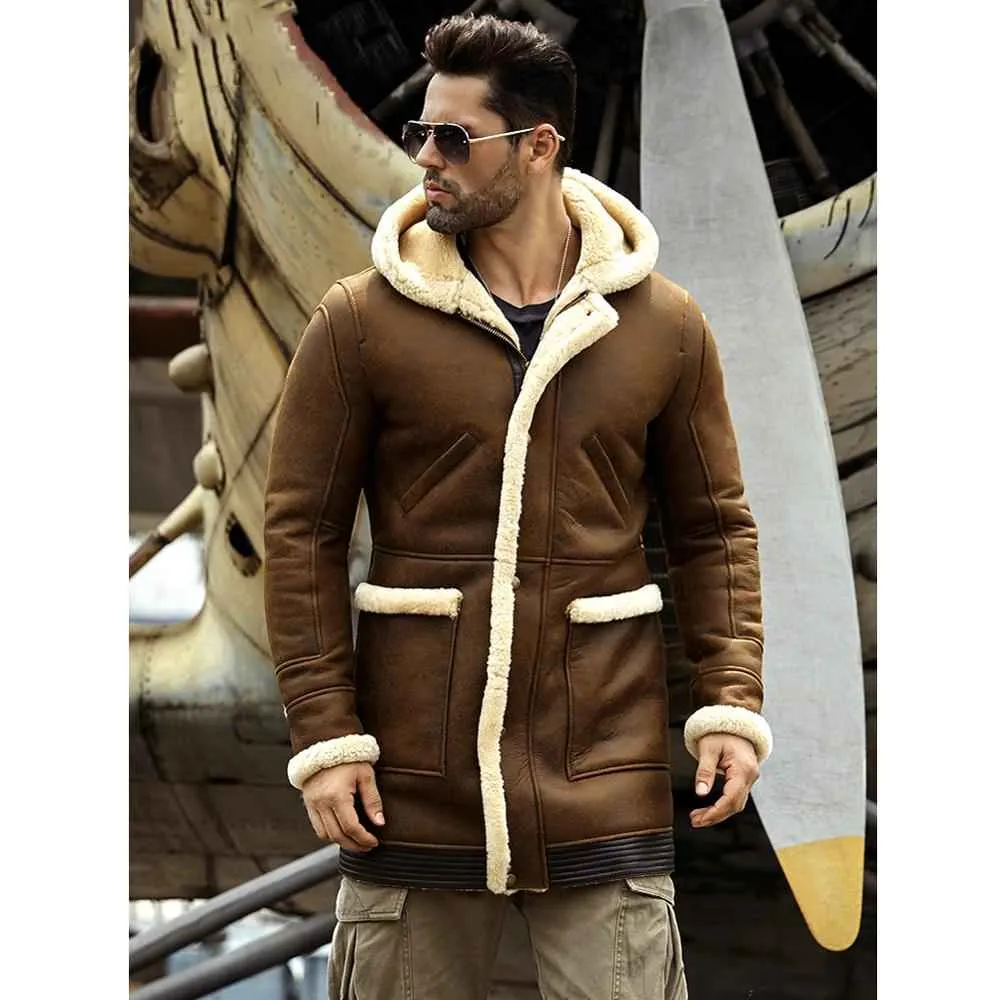 Mens Brown Fur Hooded Leather Jacket