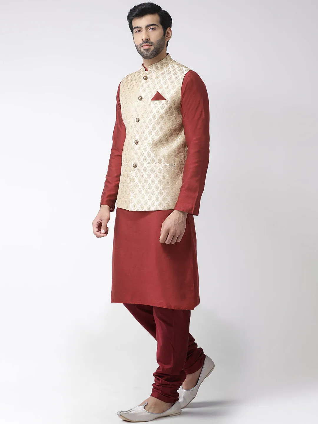 Men's Gold Kurta Jacket Churidar Set