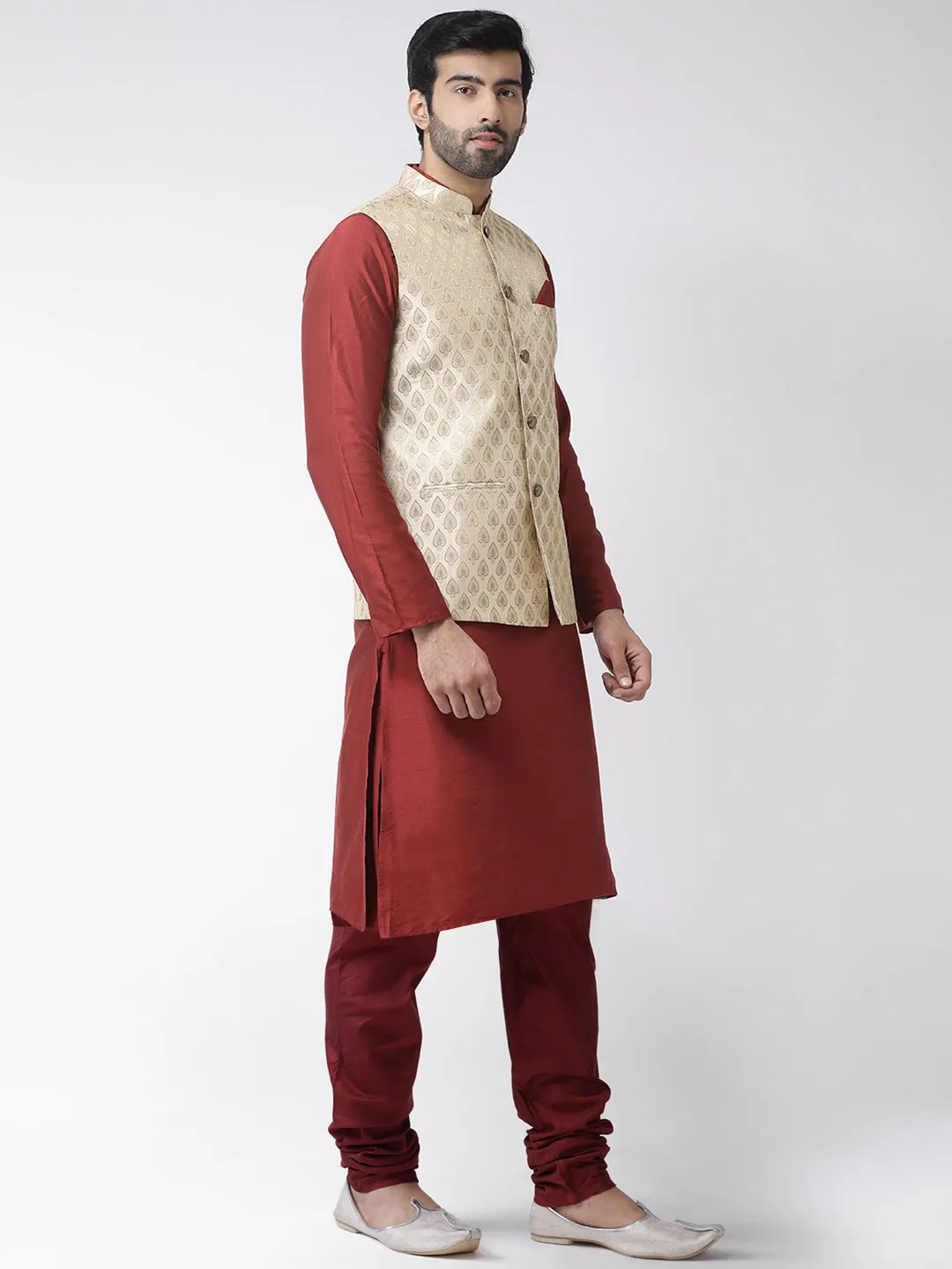 Men's Gold Kurta Jacket Churidar Set