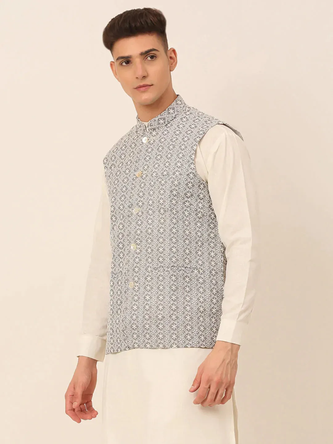 Men'S Grey Embroidered Nehru Jackets