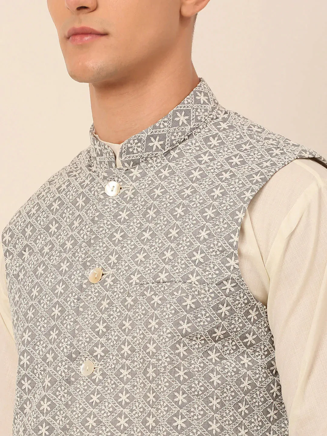 Men'S Grey Embroidered Nehru Jackets