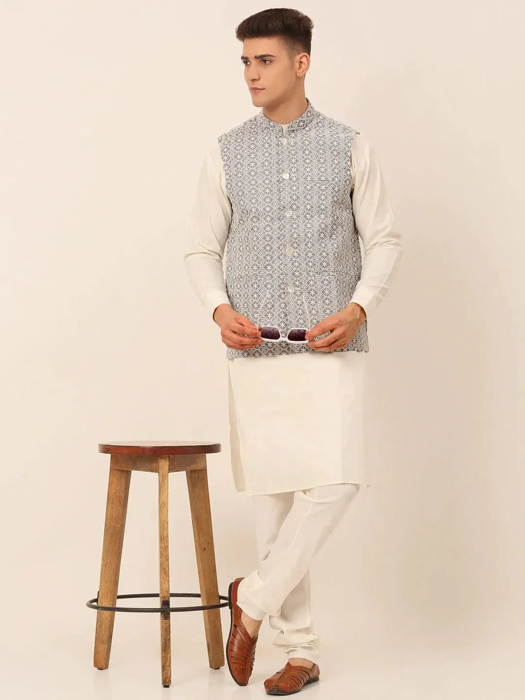 Men'S Grey Embroidered Nehru Jackets