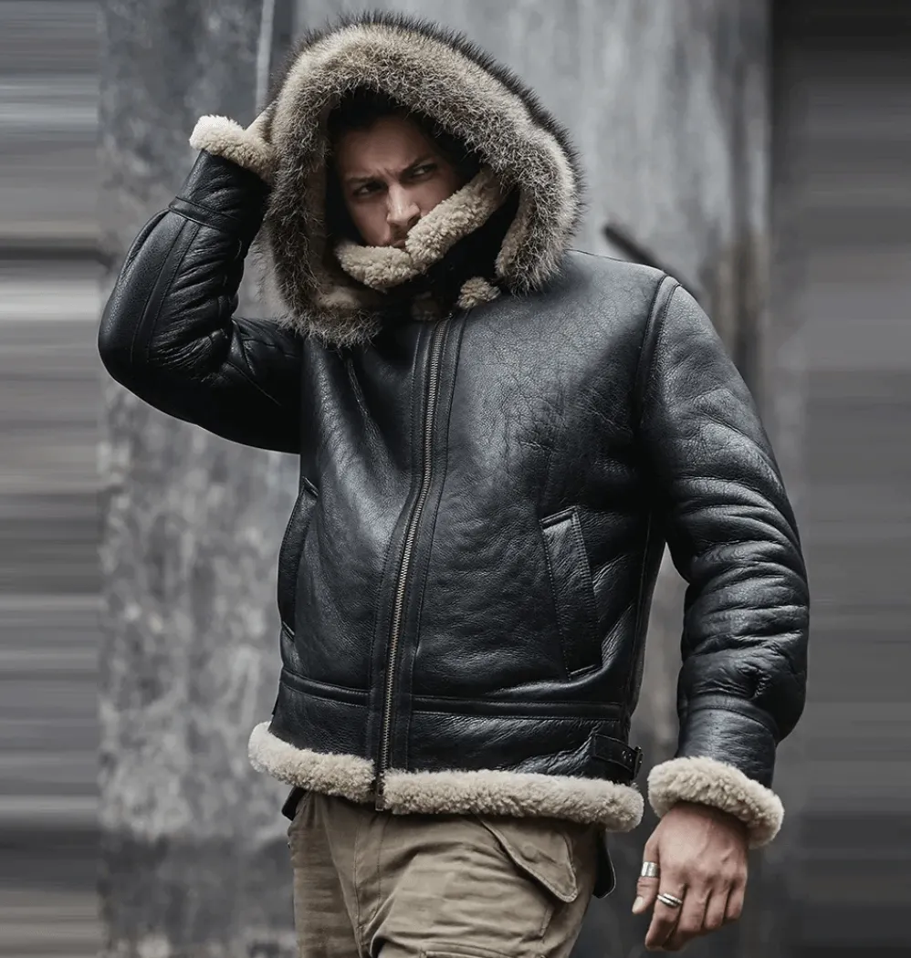 Mens Hooded RAF Aviator B3 Black Shearling Jacket