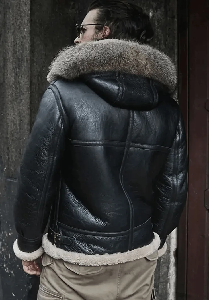 Mens Hooded RAF Aviator B3 Black Shearling Jacket