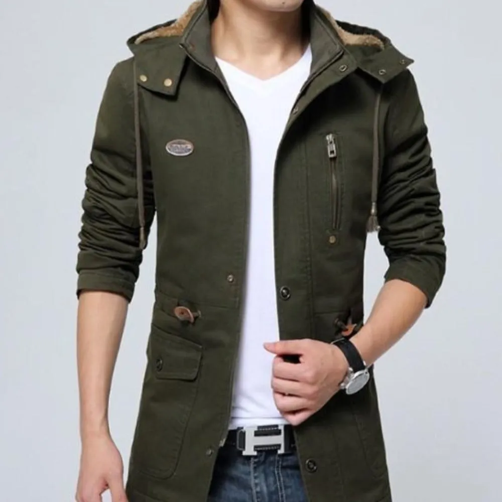 Mens Military Style Hooded Trench Coat