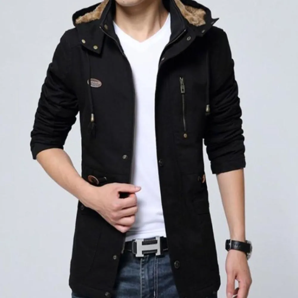 Mens Military Style Hooded Trench Coat