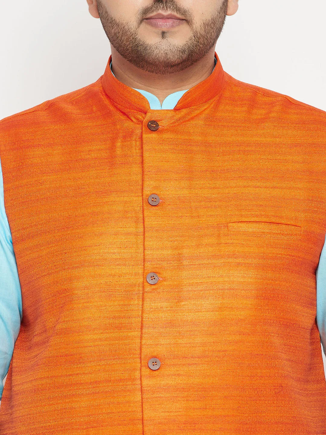 Men's Plus Aqua Blue, Orange And White Cotton Blend Jacket Kurta Pyjama Set - Vastramay