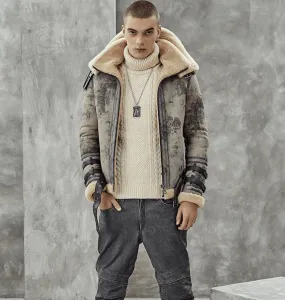 Mens RAF Aviator Double Collar Shearling Hooded Coat