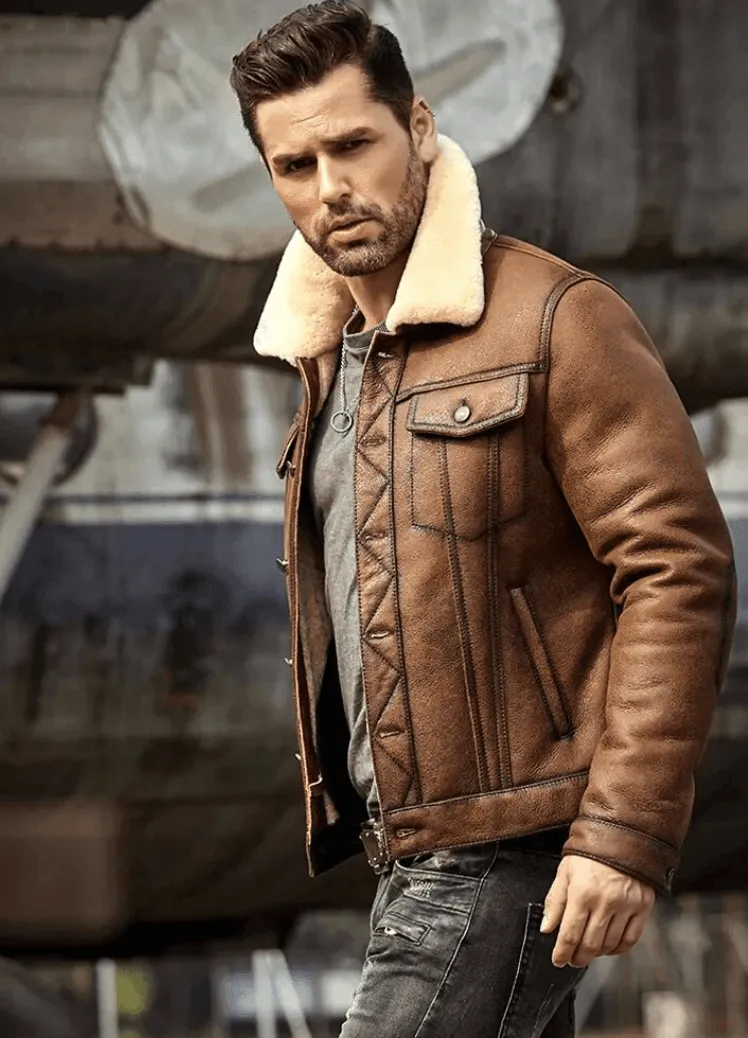 Mens RAF B3 Trucker Brown Leather Shearling Jacket