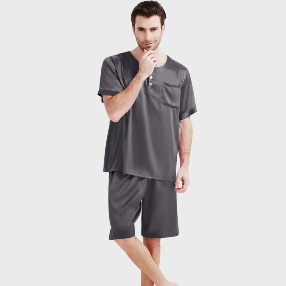 Men's Silk Short Pajama Set Silk Lounge Pajama Shorts 2 Piece Outfits Short Sleeve PJS