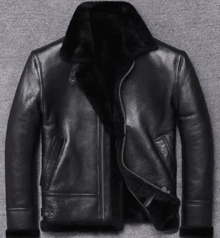 Mens Winter Shearling Fur Black Leather Jacket