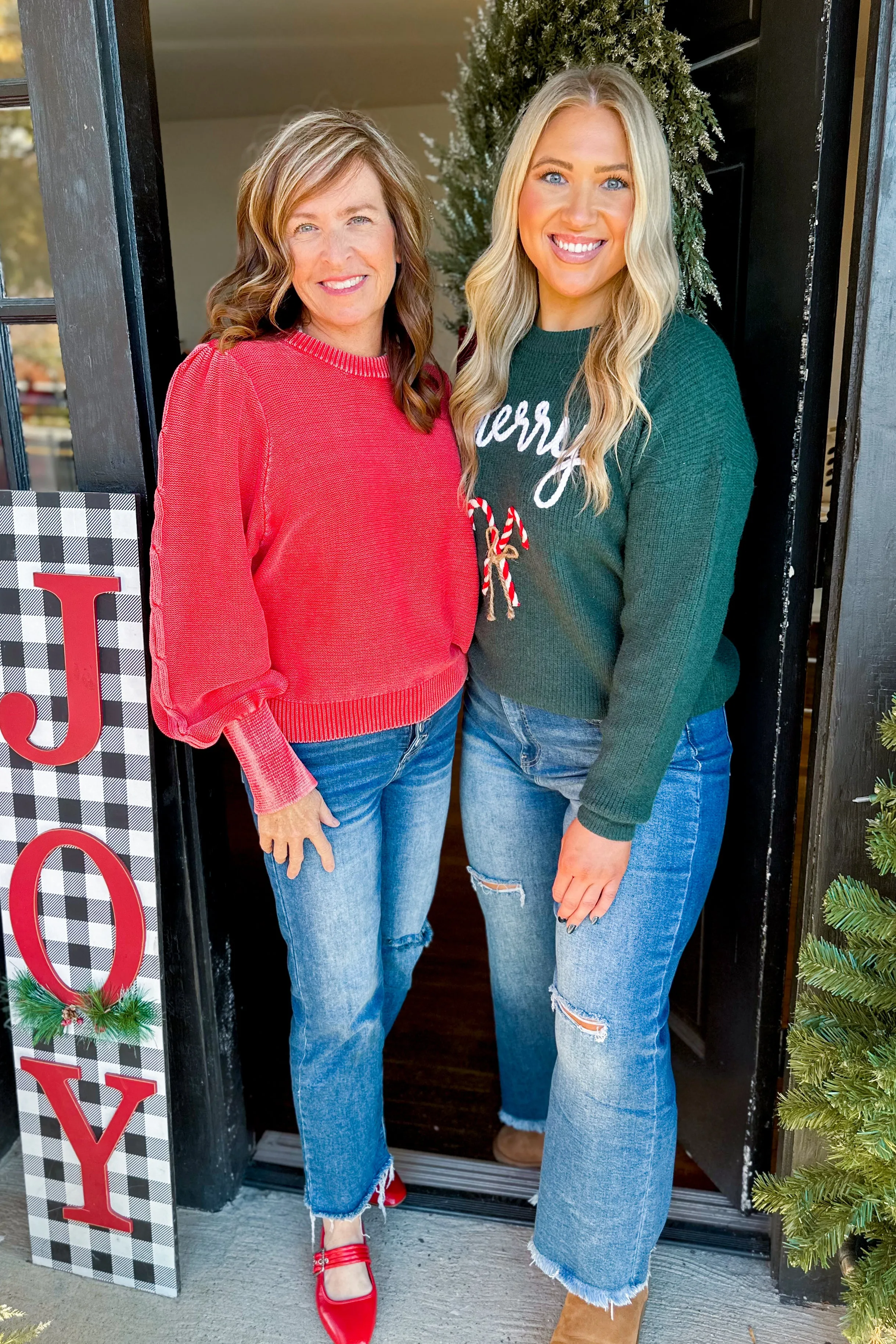 Merry Embroidered Long Sleeve Candy Cane Holiday Sweater