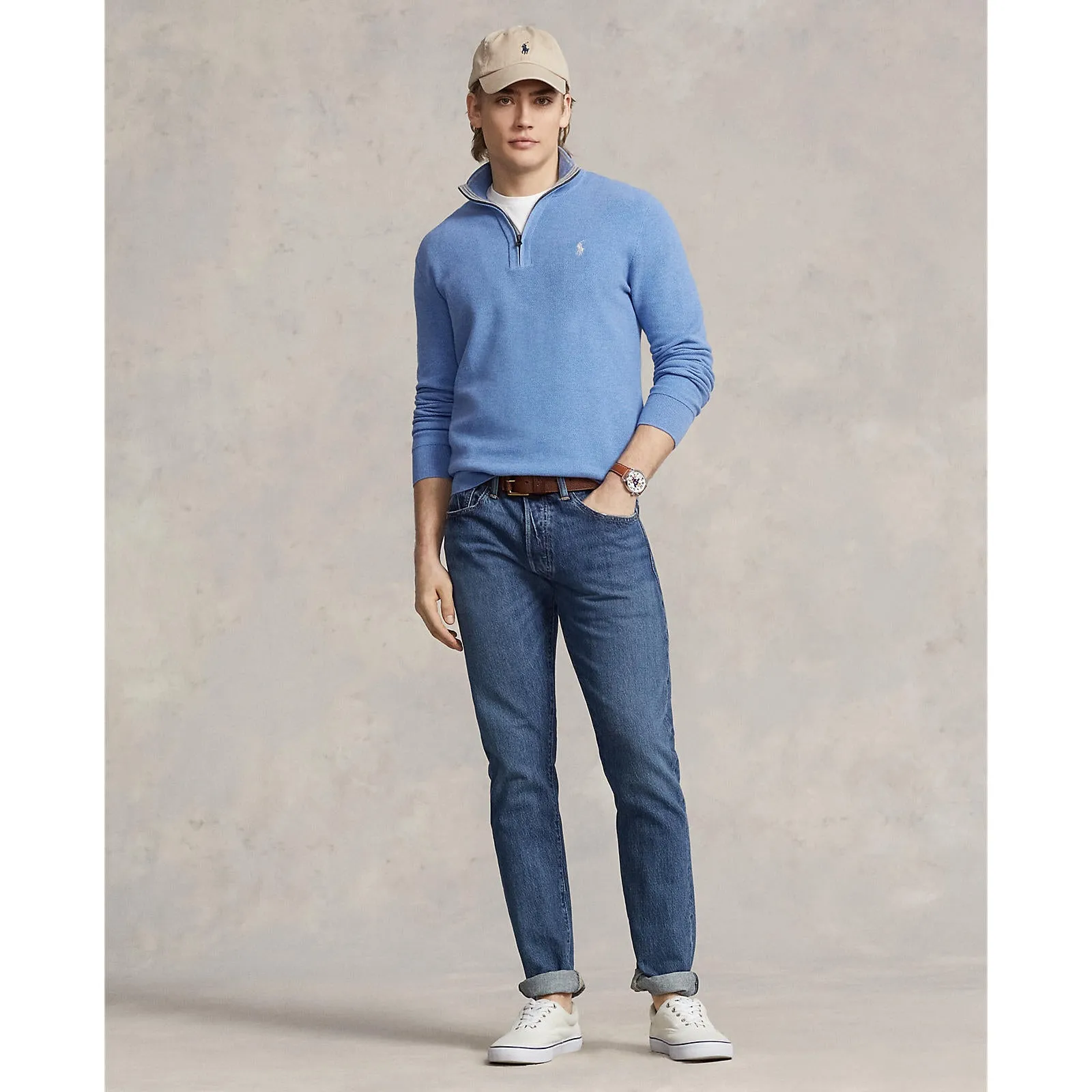 Mesh-Knit Cotton Quarter Zip  - Summer Blue