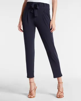 Mid Rise Sash Tie Paperbag Ankle Pant in Navy Blue