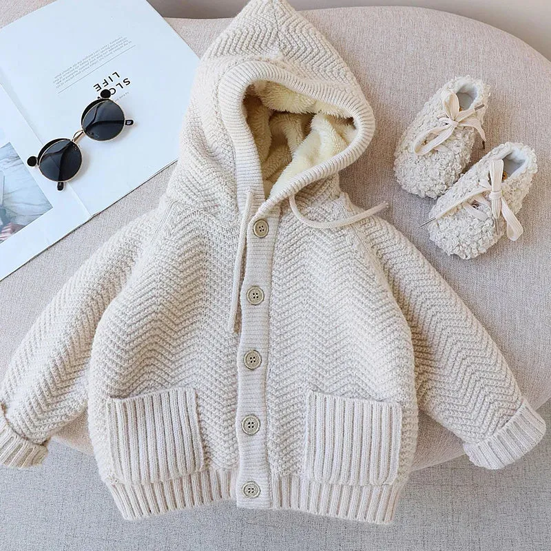 MILANCEL Winter Kids Sweaters Fur Lining Girls Cardigans Warm Boys Knitwear Chidlren Outfit