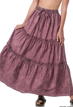 Mineral Washed Tiered Maxi Skirt in Eggplant - Plus   Regular