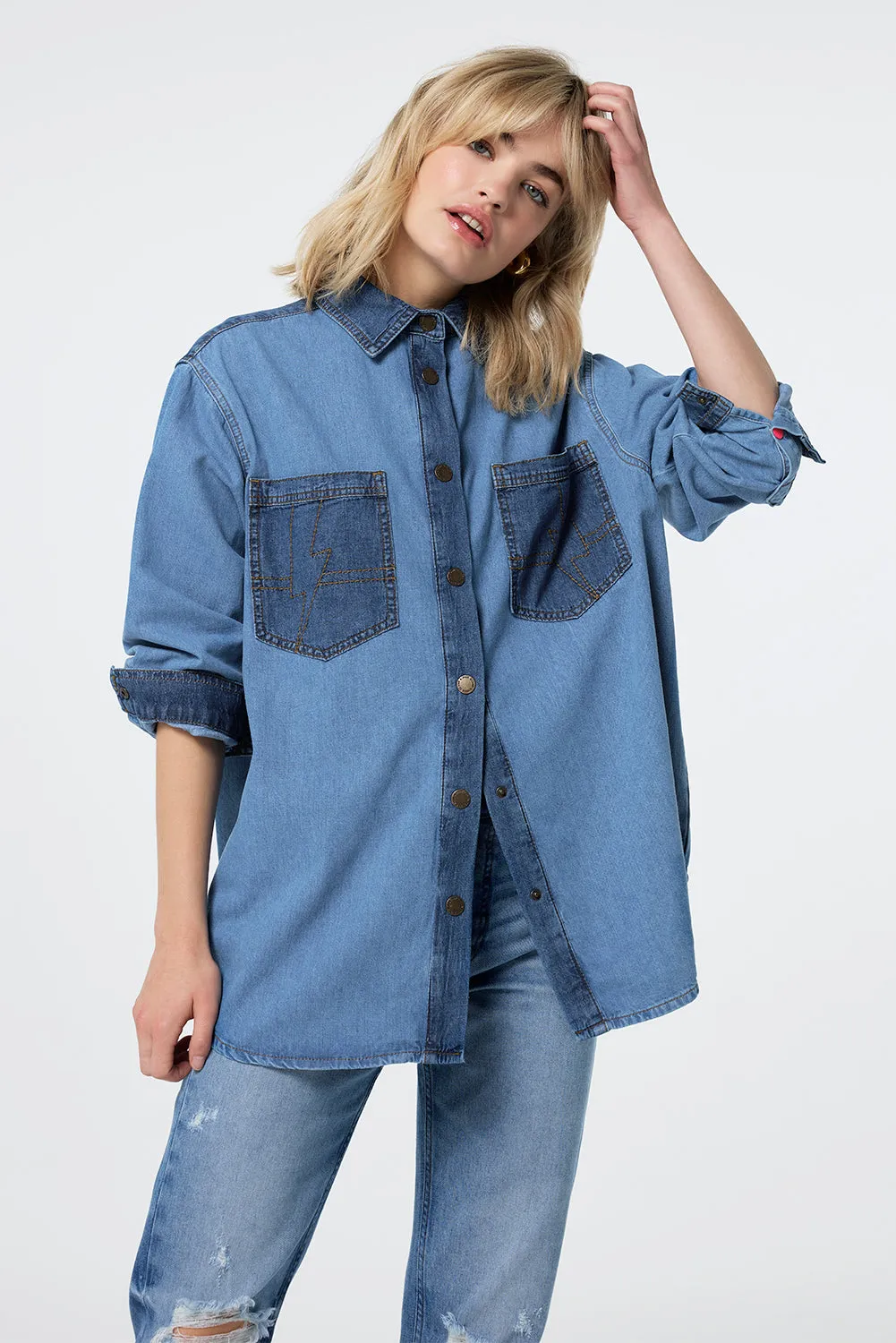 Mixed Wash Indigo Oversized Denim Shirt