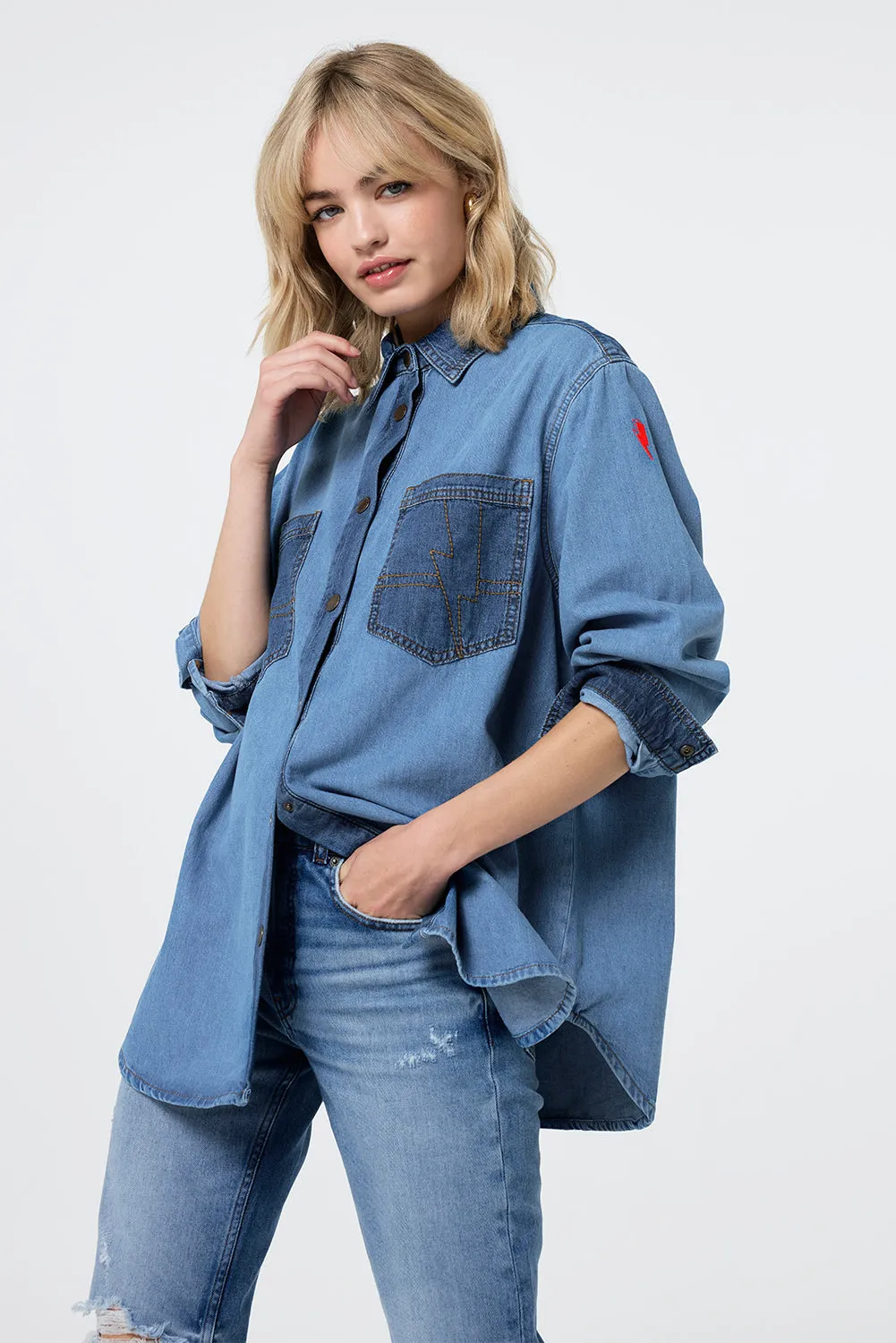 Mixed Wash Indigo Oversized Denim Shirt