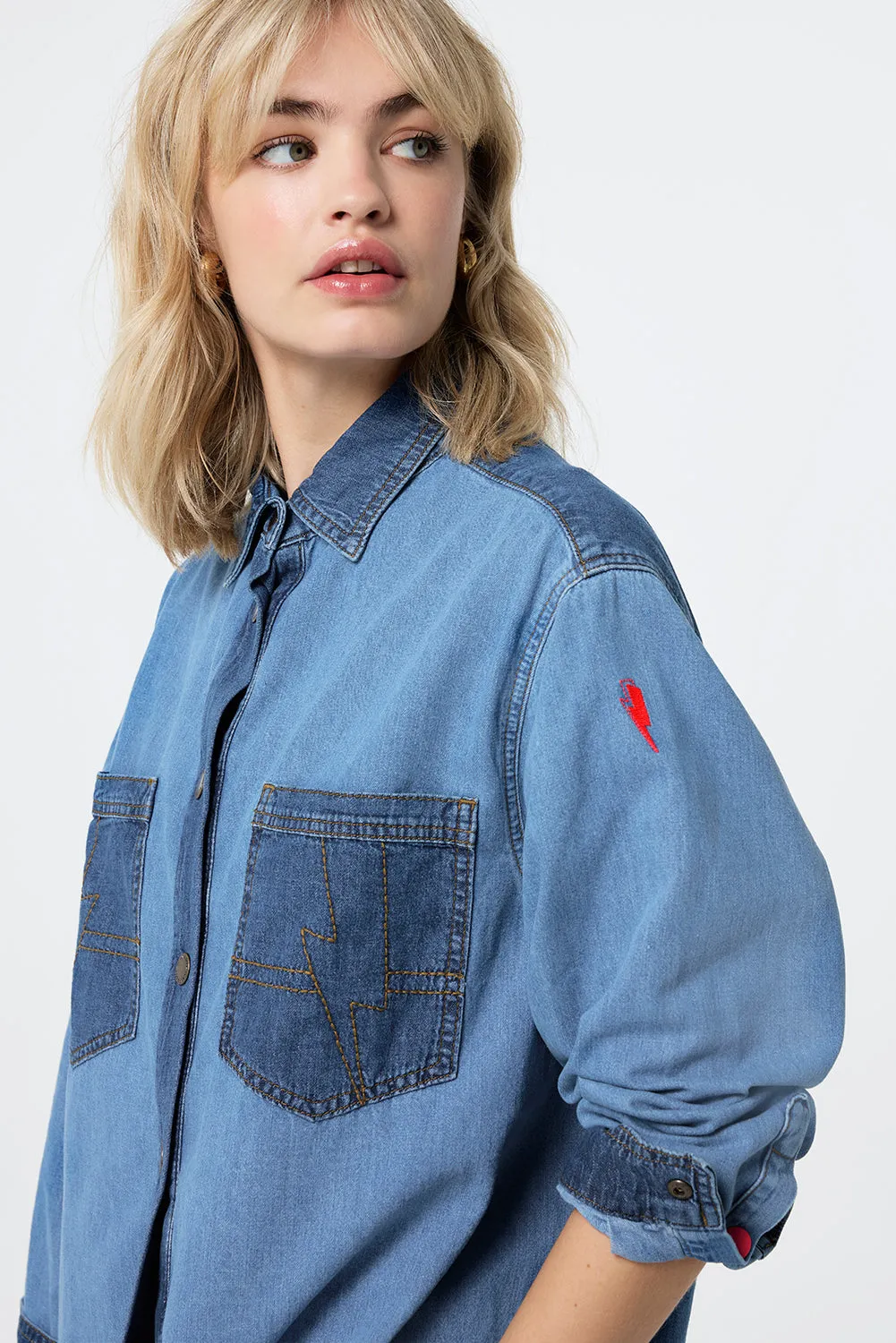 Mixed Wash Indigo Oversized Denim Shirt