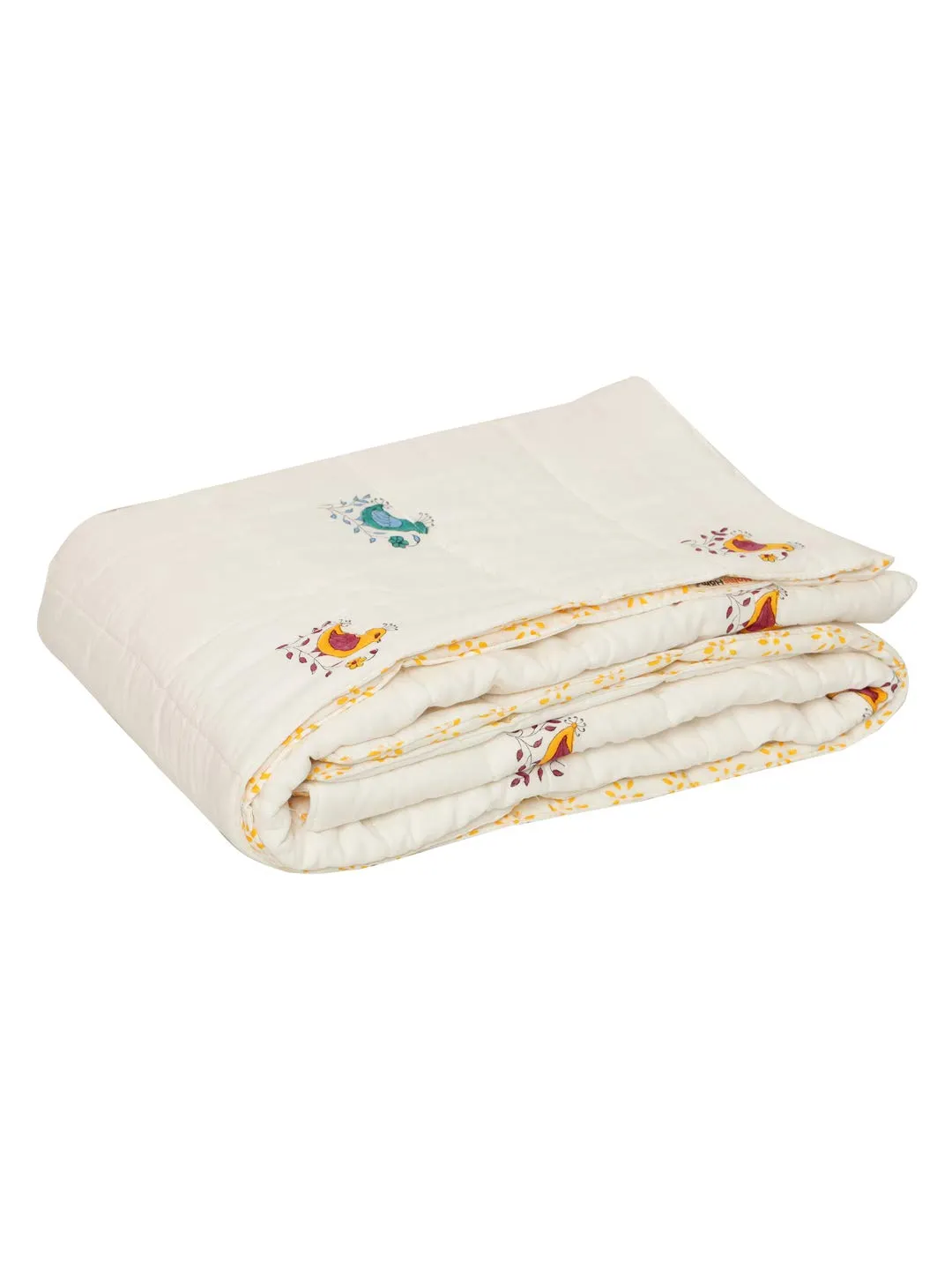 MOM'S HOME Organic Cotton Super soft Summer AC Baby Quilt Blanket cum Bedspread - 0-3 Years - 110 * 120 Cms - Chirping Chidiyaan