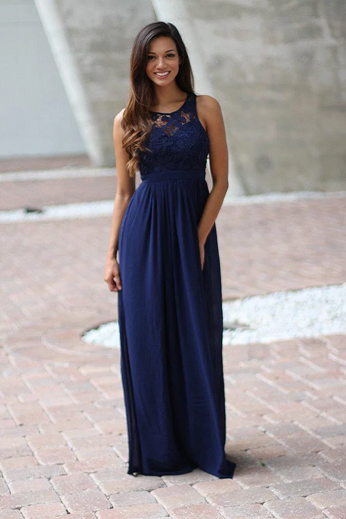 Navy Crochet Maxi Dress with Open Back