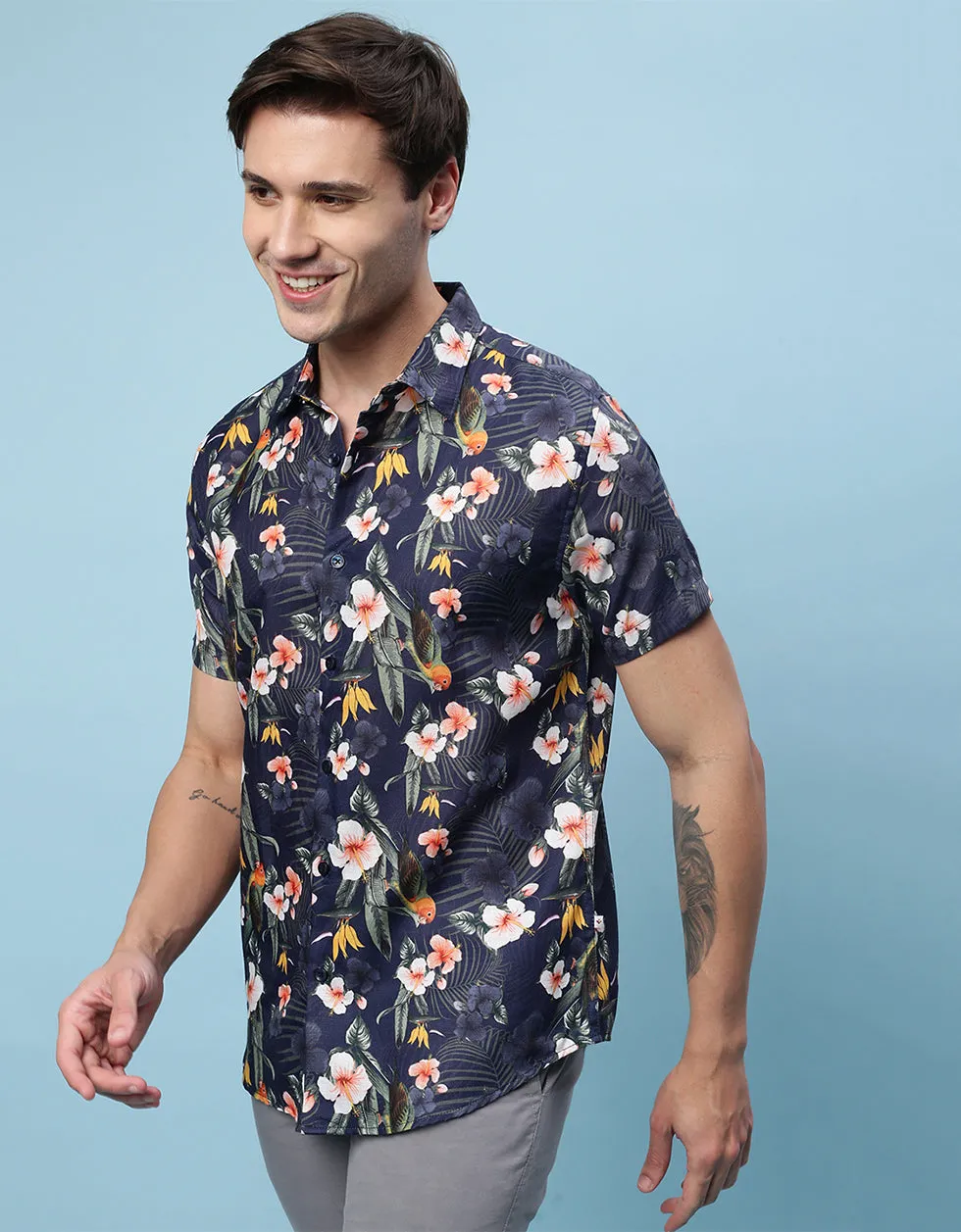 Navy Floral Printed Casual Shirt