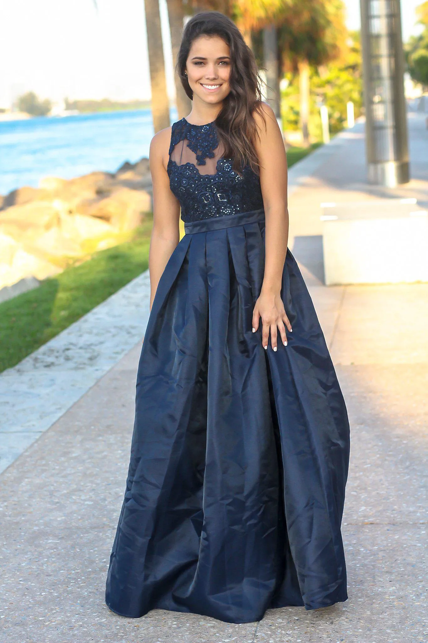 Navy Maxi Dress with Mesh Embroidered Top