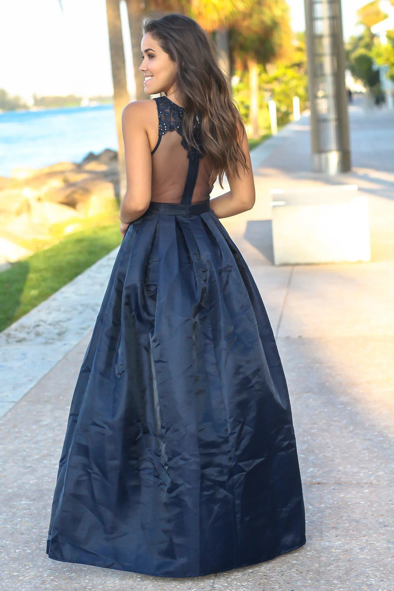 Navy Maxi Dress with Mesh Embroidered Top