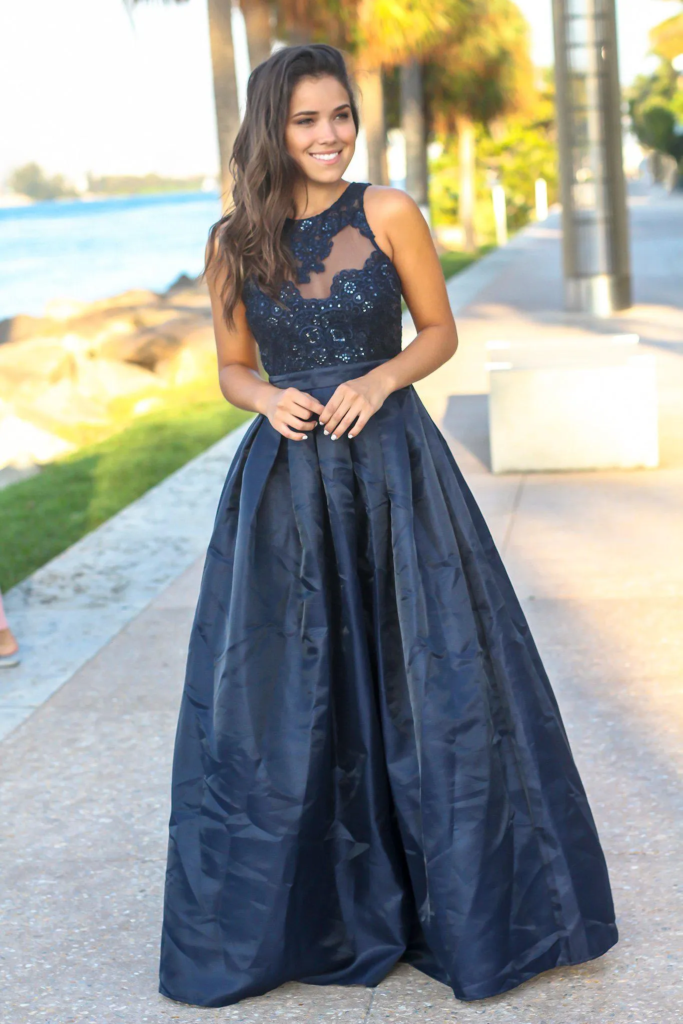 Navy Maxi Dress with Mesh Embroidered Top