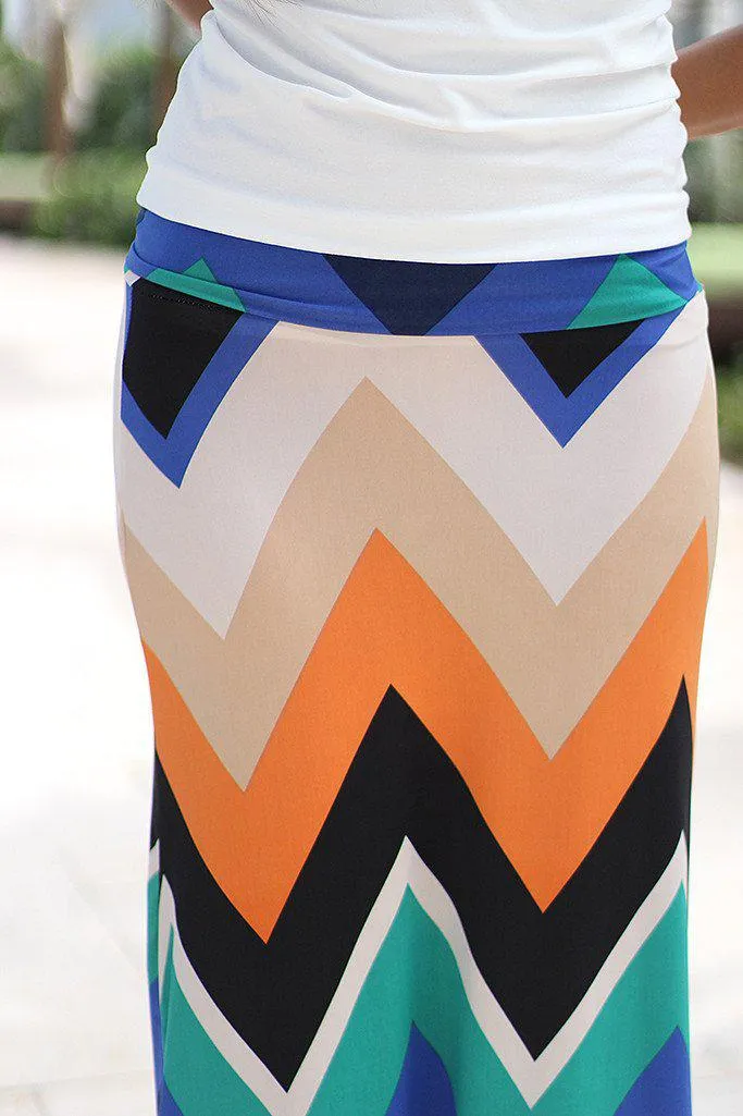 Navy Multi Color Chevron Maxi Skirt