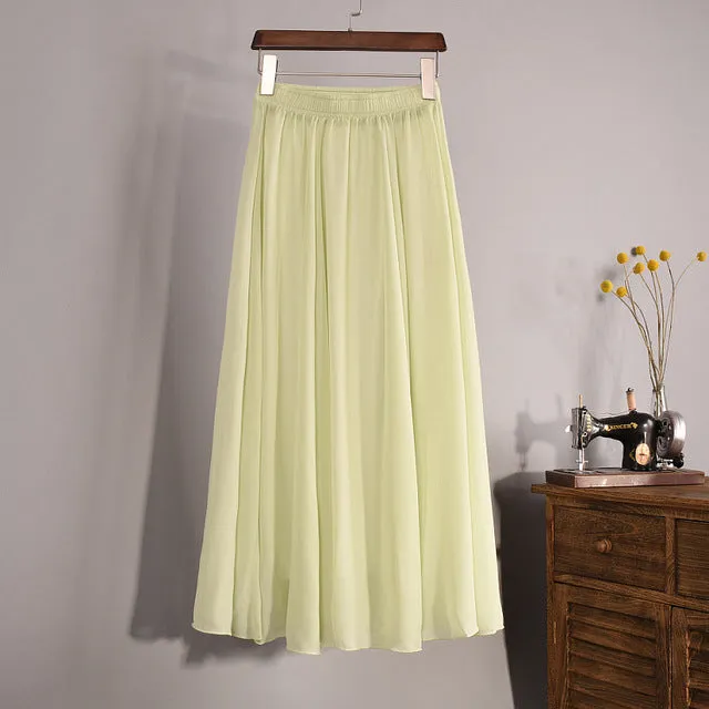 New Women Long Skirt 18 Color Pastel Candy Coloured Pleated Chiffon Maxi Skirts 2017 Beach Boho Summer Skirts Faldas Saia