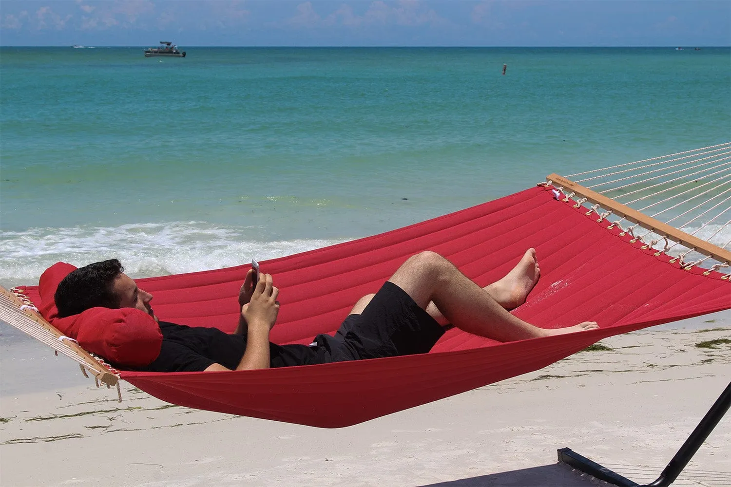 Olefin Double Quilted Hammock with Matching Pillow with 3-Beam Stand